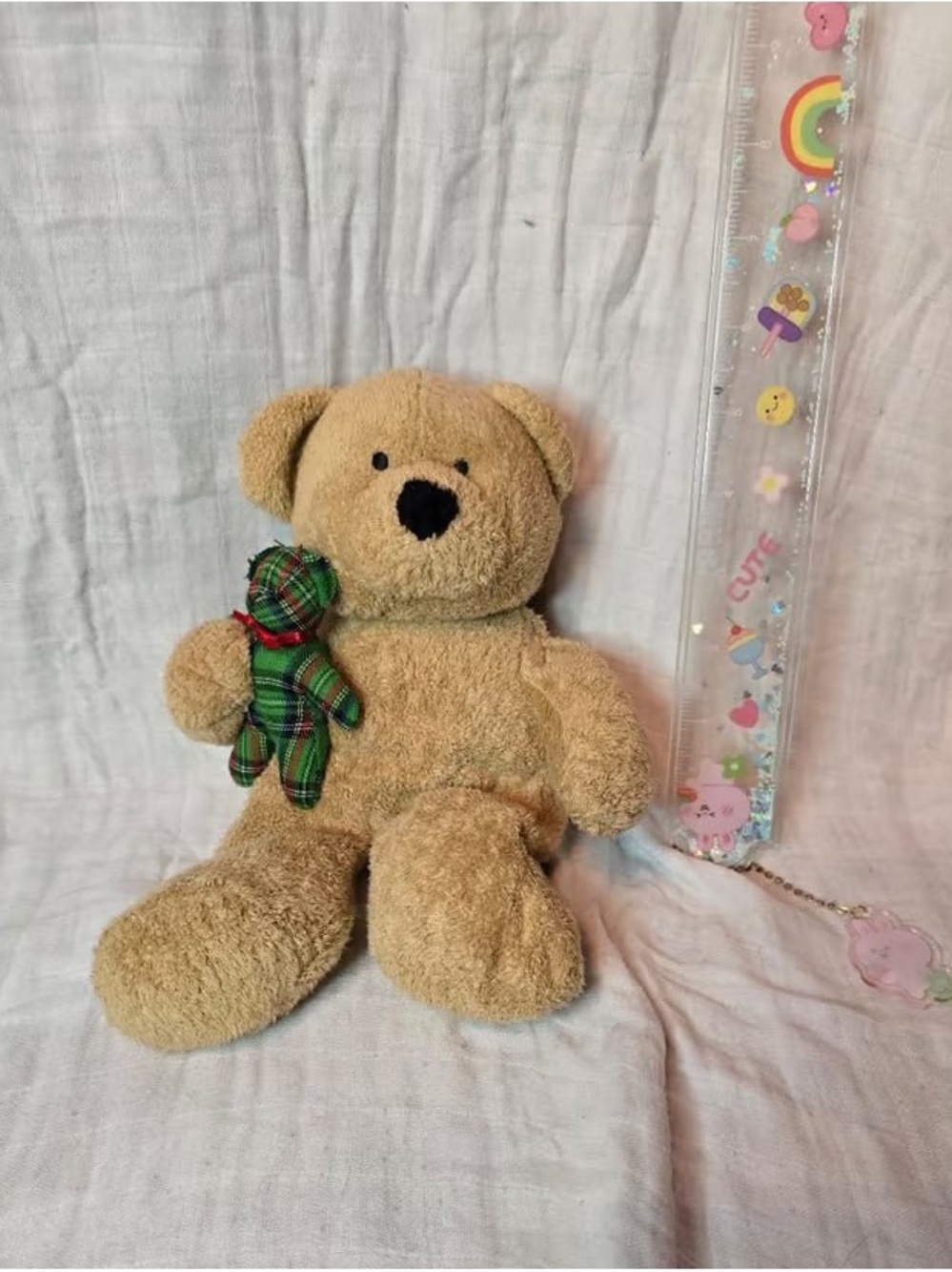 Plush Tan Teddy Bear with Green Plaid Mini Bear